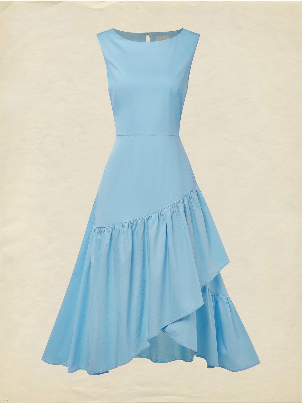Maxi Cotton Dress , Sleeveless, Round Neck, Plain, Ruffles, French Vintage, Blue
