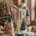 Women's Christmas Tree And Rose Pattern Knitted Zip-up Hooded Sweater