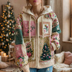 Women's Christmas Tree And Rose Pattern Knitted Zip-up Hooded Sweater