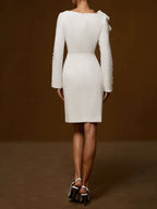 Cream White Bow Long Sleeve Sheath Midi Dress
