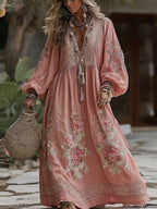 Vintage Boho Roses Embroidered V Neck Maxi Dress