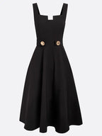 Black Buckle Notched Sleeveless A-Line Midi Dress With Pockets