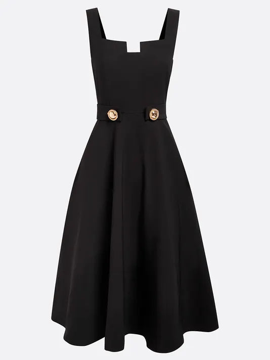 Black Buckle Notched Sleeveless A-Line Midi Dress With Pockets