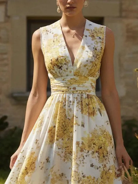 Maxi Linen Dress, Sleeveless, V Neck, Floral, Vacation, Vintage, Light Yellow