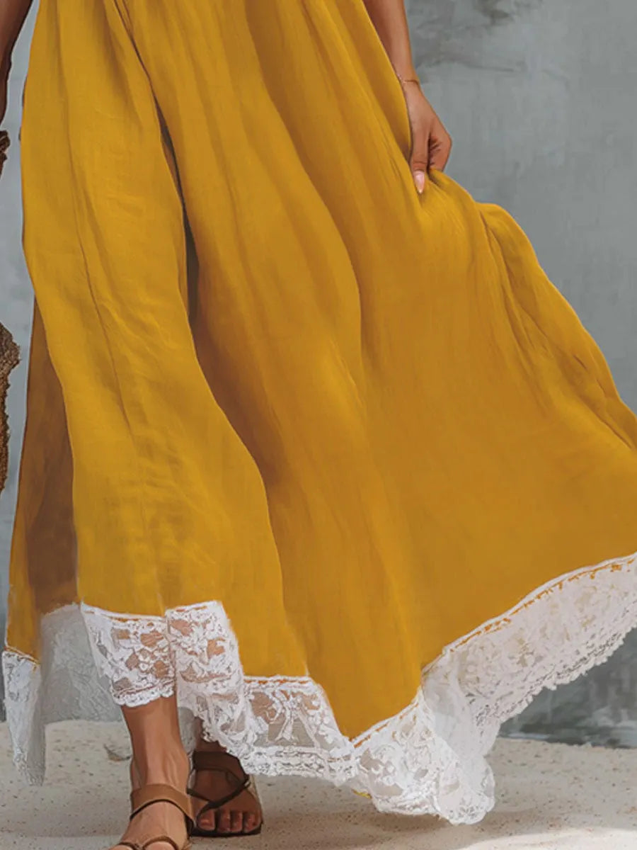 Color-blocked V-neck Lace-trimmed Cotton And Linen Sleeveless Maxi Dress
