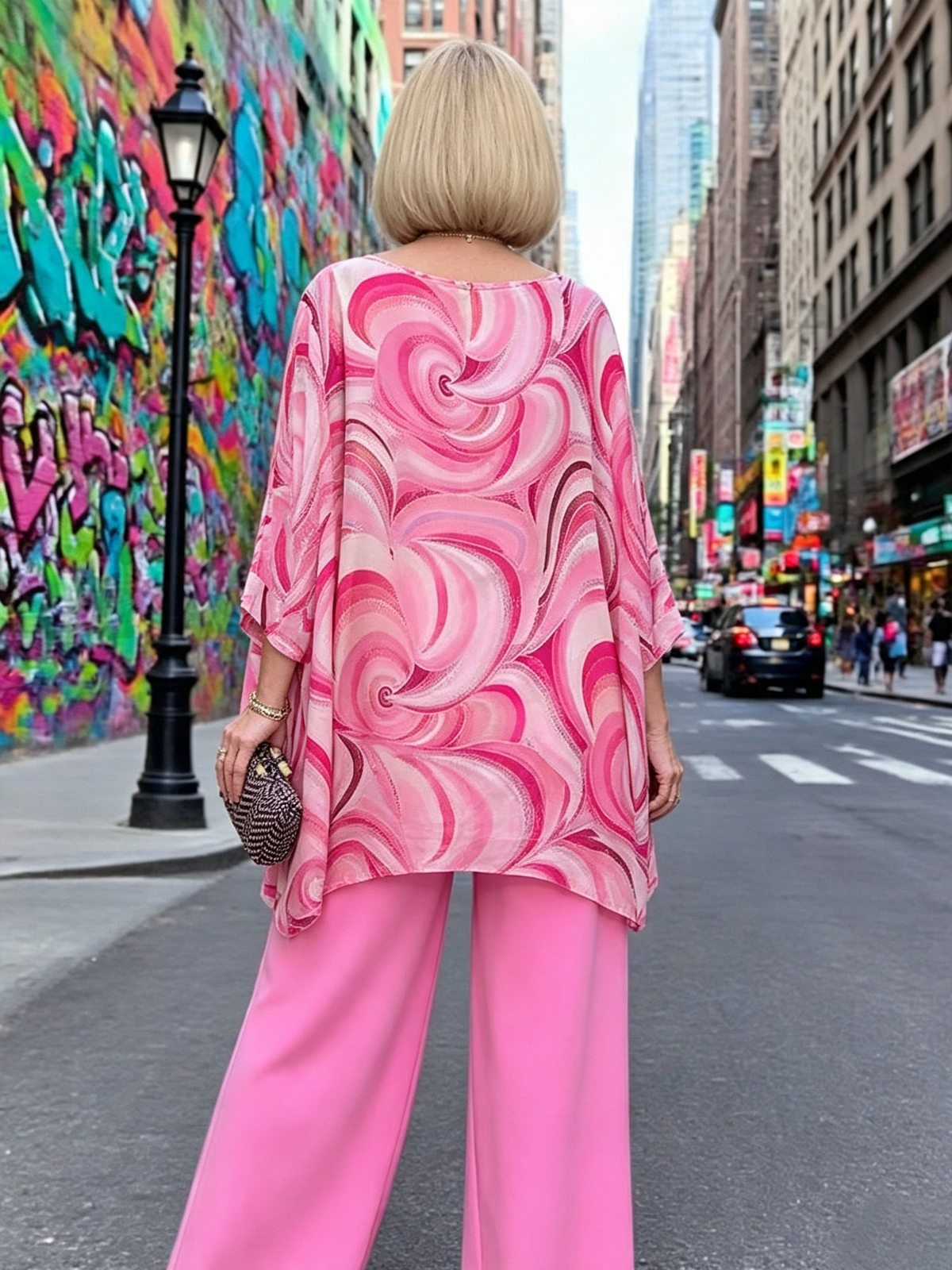 Vibrant Swirl Print Chiffon 2‐Piece Outfit, Loose Boat Neck Tunic Top & Bright Wide‐Leg Pants Set for Women