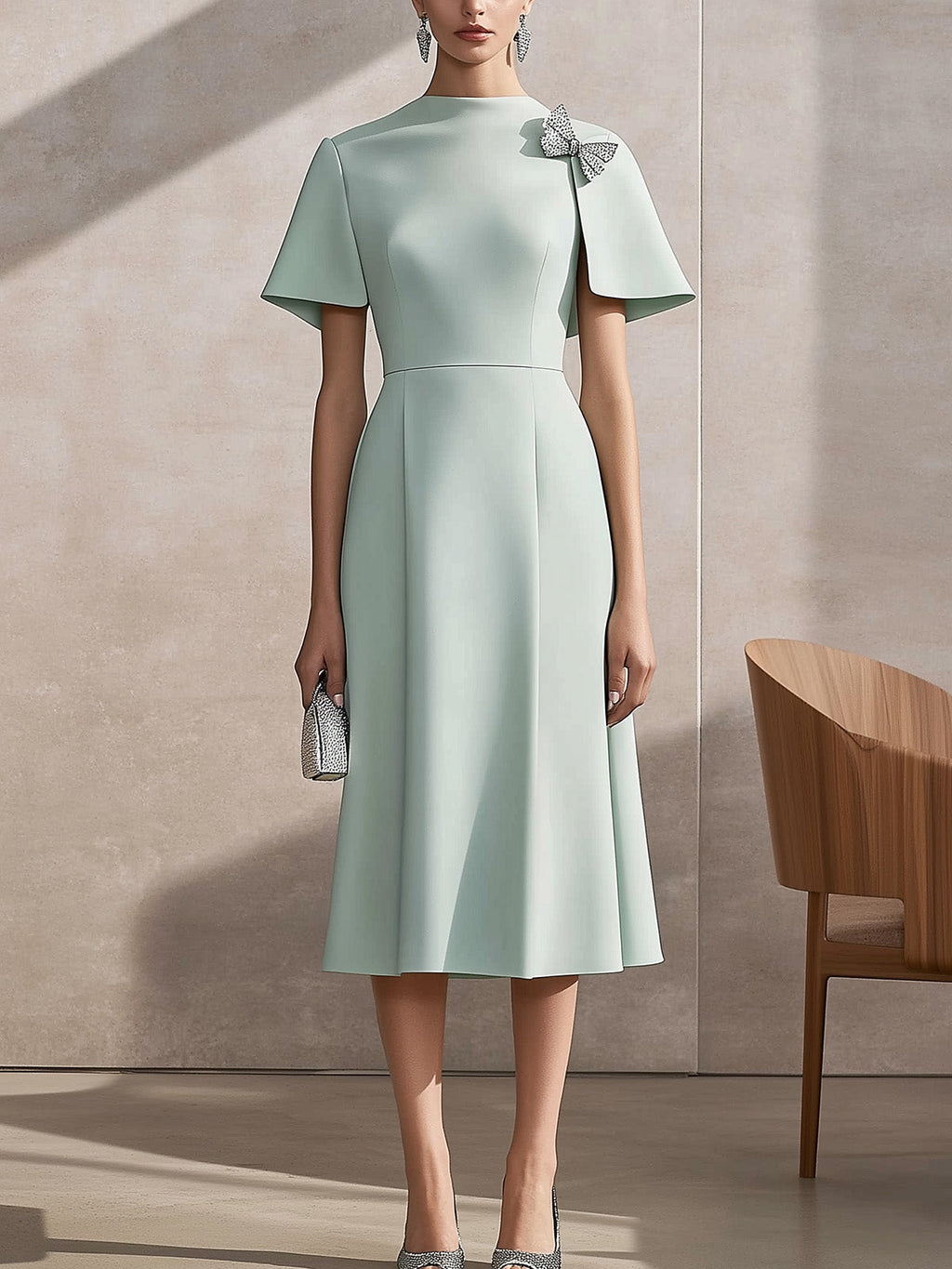 Chic Light Green Satin Cape-Sleeve Dress with Silver Shoulder Adornment