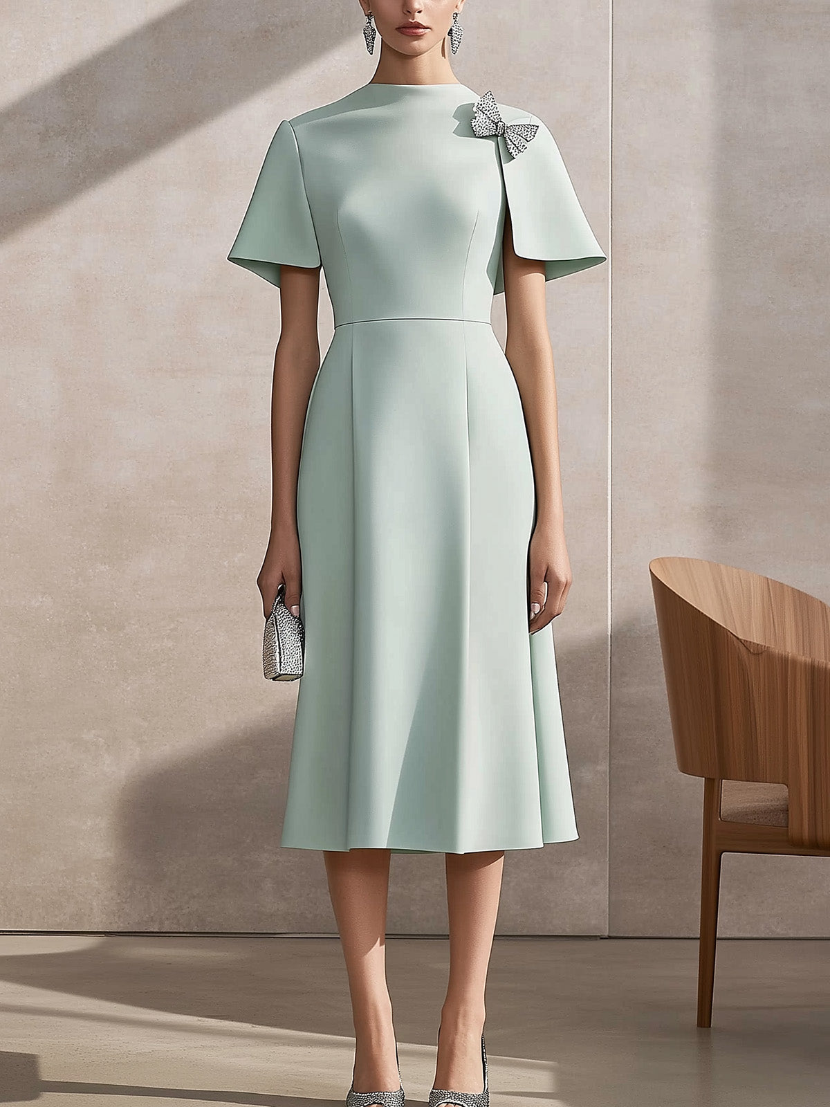 Chic Light Green Satin Cape-Sleeve Dress with Silver Shoulder Adornment