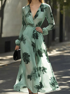 Elegant Mint Green Chiffon Floral Print Dress