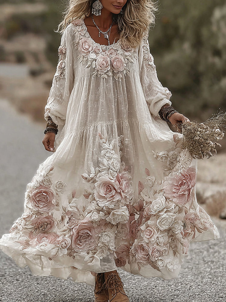 Women's Vintage Roses Art Print Flowy Linen Blend Casual Long Sleeve Maxi Dress