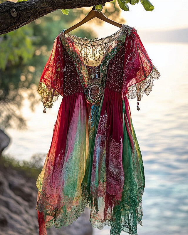 Summer Holiday Ruffle Lace Color Contrast Dress eb06