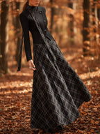 Maxi Linen Dress, Sleeveless, Stand Collar, Plaid, Vintage, Black