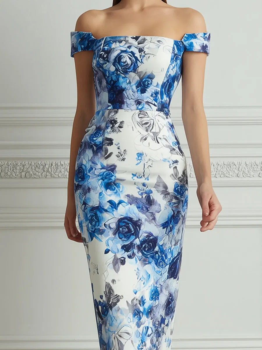 Elegant Blue Watercolor Floral Print Midi Dress