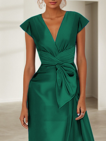 Green Cap Sleeve Bow Satin A-Line Maxi Dress