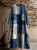 Japanese Style Plant Printed Patchwork Retro Tie-dyed Round Neck Dress