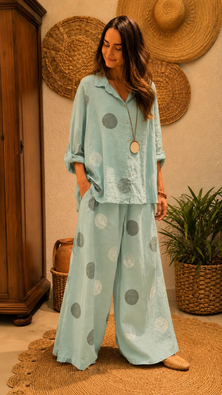 Women's Polka-Dot Linen Two-Piece Set
