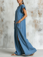 Loose Fit Blue Denim Maxi Dress With Contrast Stitching