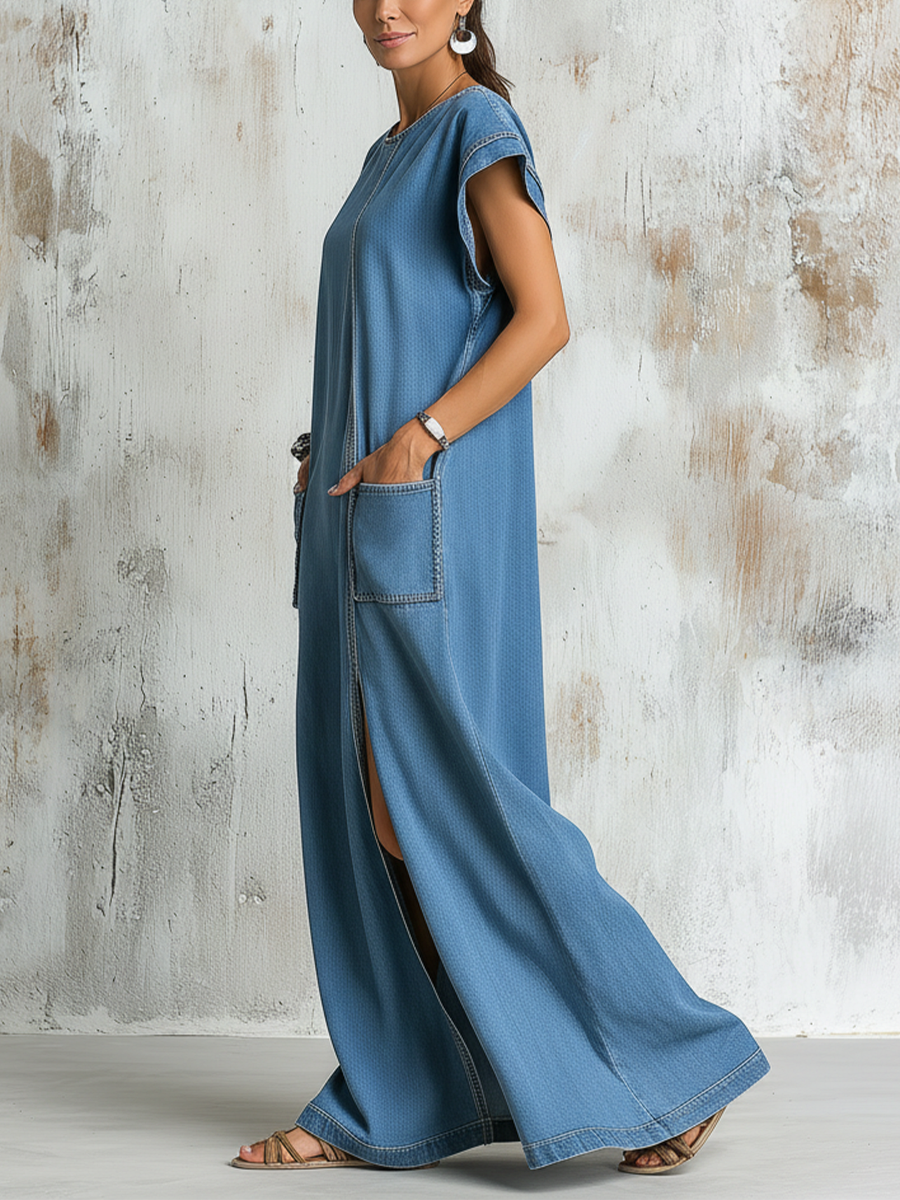 Loose Fit Blue Denim Maxi Dress With Contrast Stitching
