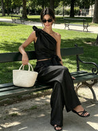 Black Linen-Blend One-Shoulder Bow Top & Wide-Leg Pants Two-Piece Set