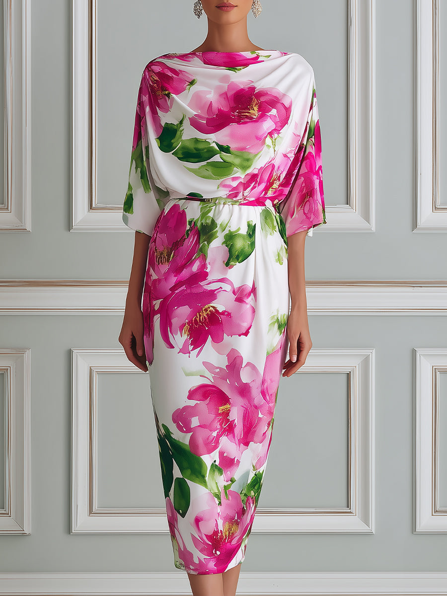 Elegant Floral Draped Midi Dress