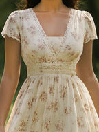 Linen Maxi Dress, Short Sleeve, V neck, Floral, Vintage, Apricot
