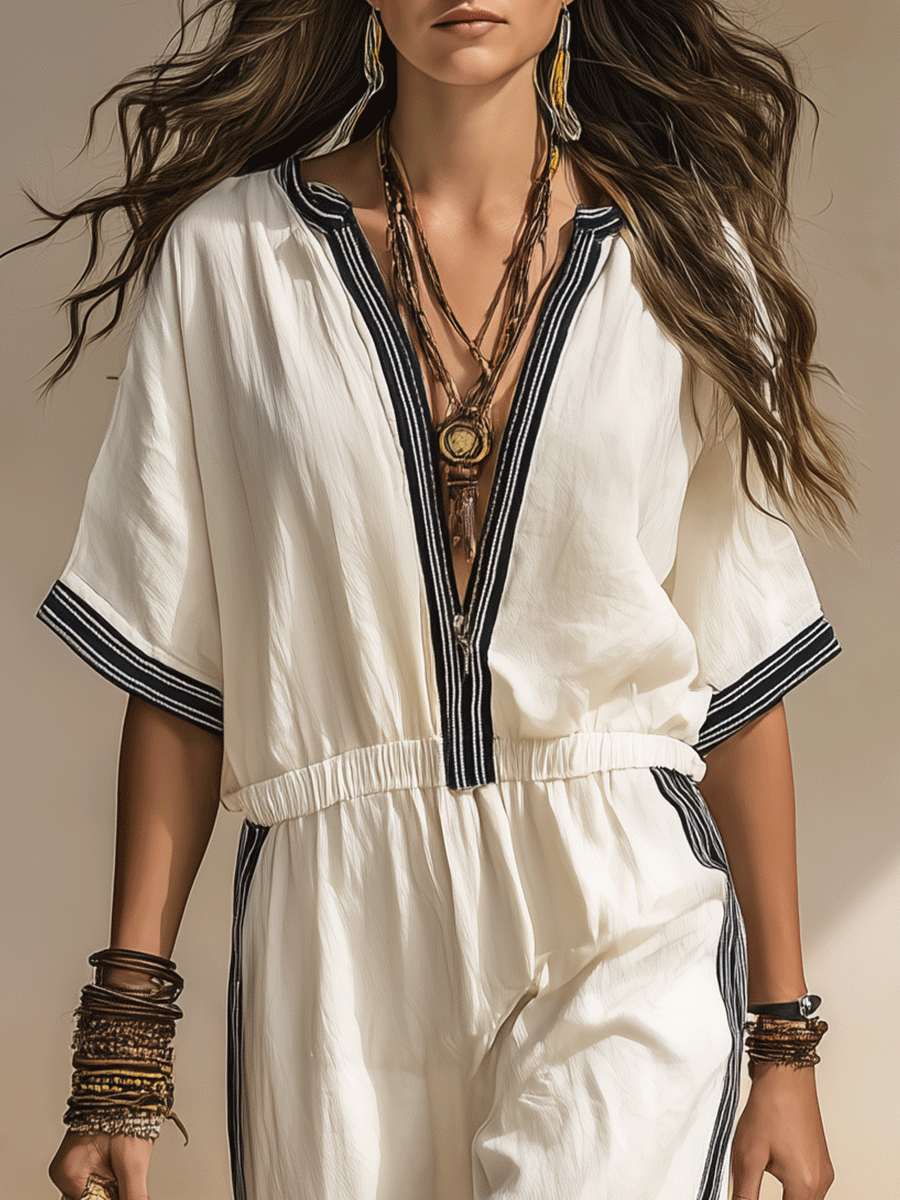 Chic Contrast Trim Boho Jumpsuit With Wide Legs