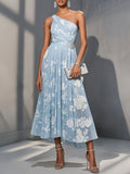 Light Blue Floral Ruched Classic One Shoulder Sleeveless A-Line Midi Dress