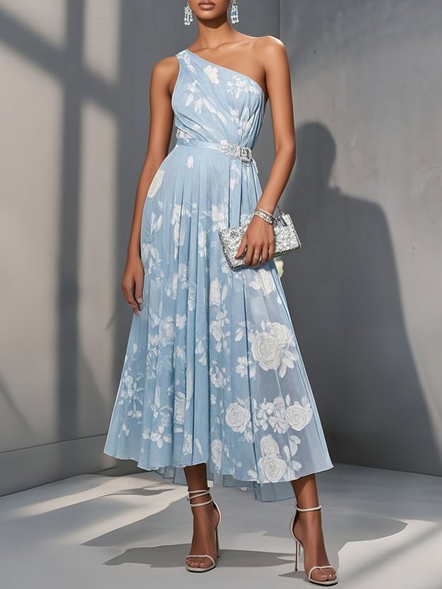 Light Blue Floral Ruched Classic One Shoulder Sleeveless A-Line Midi Dress