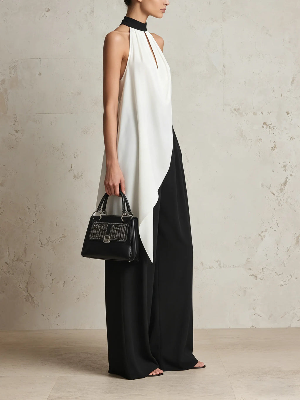 Black & White Halter Top & Wide-Leg Pants Set - Elegant Two-Piece Outfit