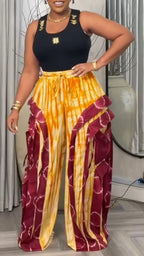 Tie‐Dye Patchwork Ruffled Wide Leg Palazzo Pants For Women
