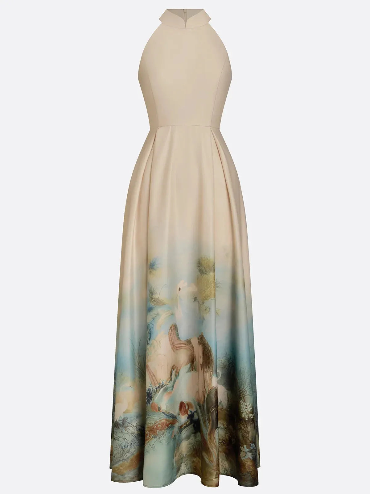 Light Khaki Floral Classic Halter Sleeveless A-Line Floor-length Gown Dress