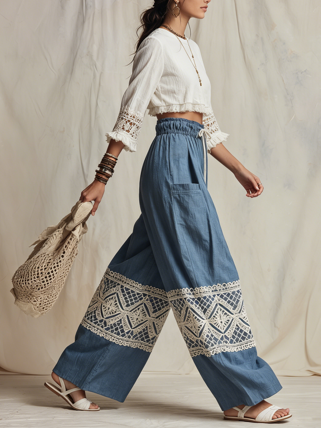 Blue Boho Linen Harem Pants with Crochet Lace Trim | Relaxed Fit Casual Trousers