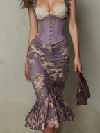 Retro-Elegant Corset Vest & Fishtail Print Skirt Set
