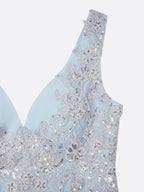 Light Blue Sequin Lace Asymmetric Chiffon V Neck Sleeveless A-Line Maxi Dress