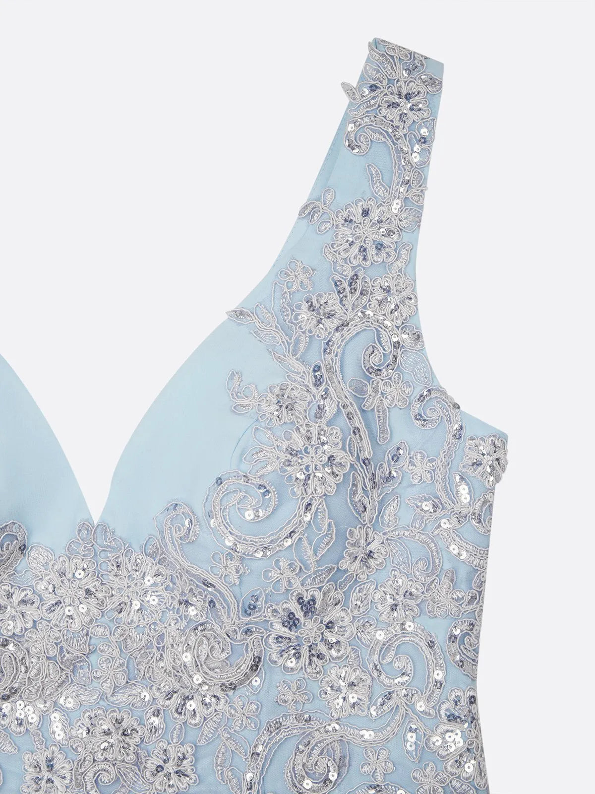 Light Blue Sequin Lace Asymmetric Chiffon V Neck Sleeveless A-Line Maxi Dress