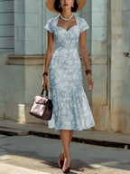 Midi Linen Dress, Short Sleeves, Sweetheart Neck, Floral, Ruffles, Vintage, Blue