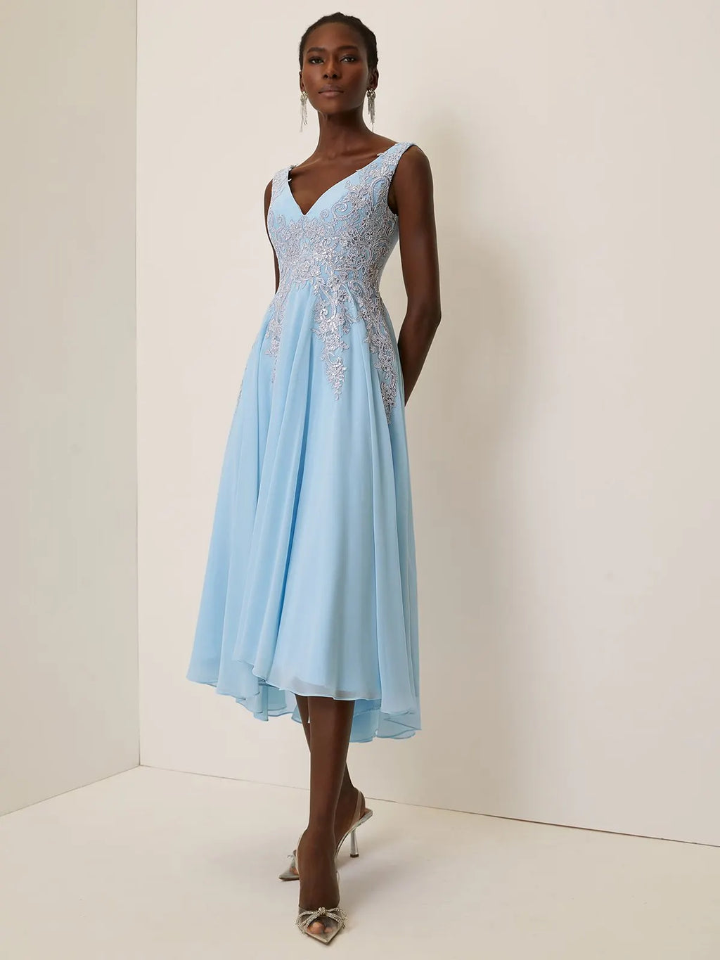 Light Blue Sequin Lace Asymmetric Chiffon V Neck Sleeveless A-Line Maxi Dress