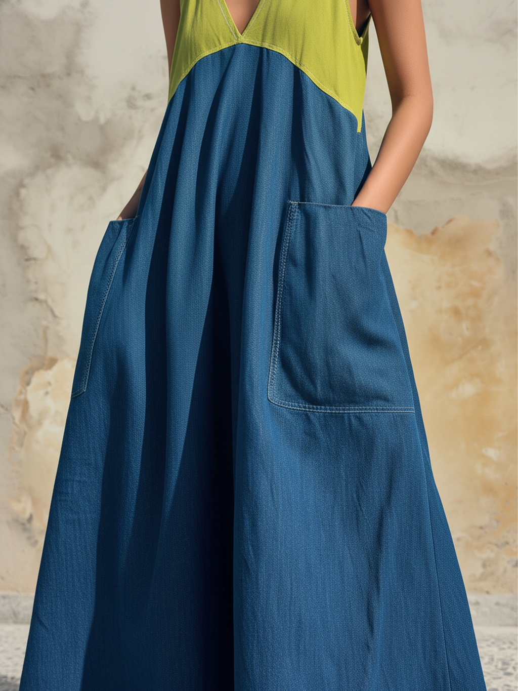 Blue & Green Colorblock Tencel Denim Sleeveless Maxi Dress