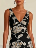 Black Jacquard Classic V Neck Sleeveless Sheath Midi Dress