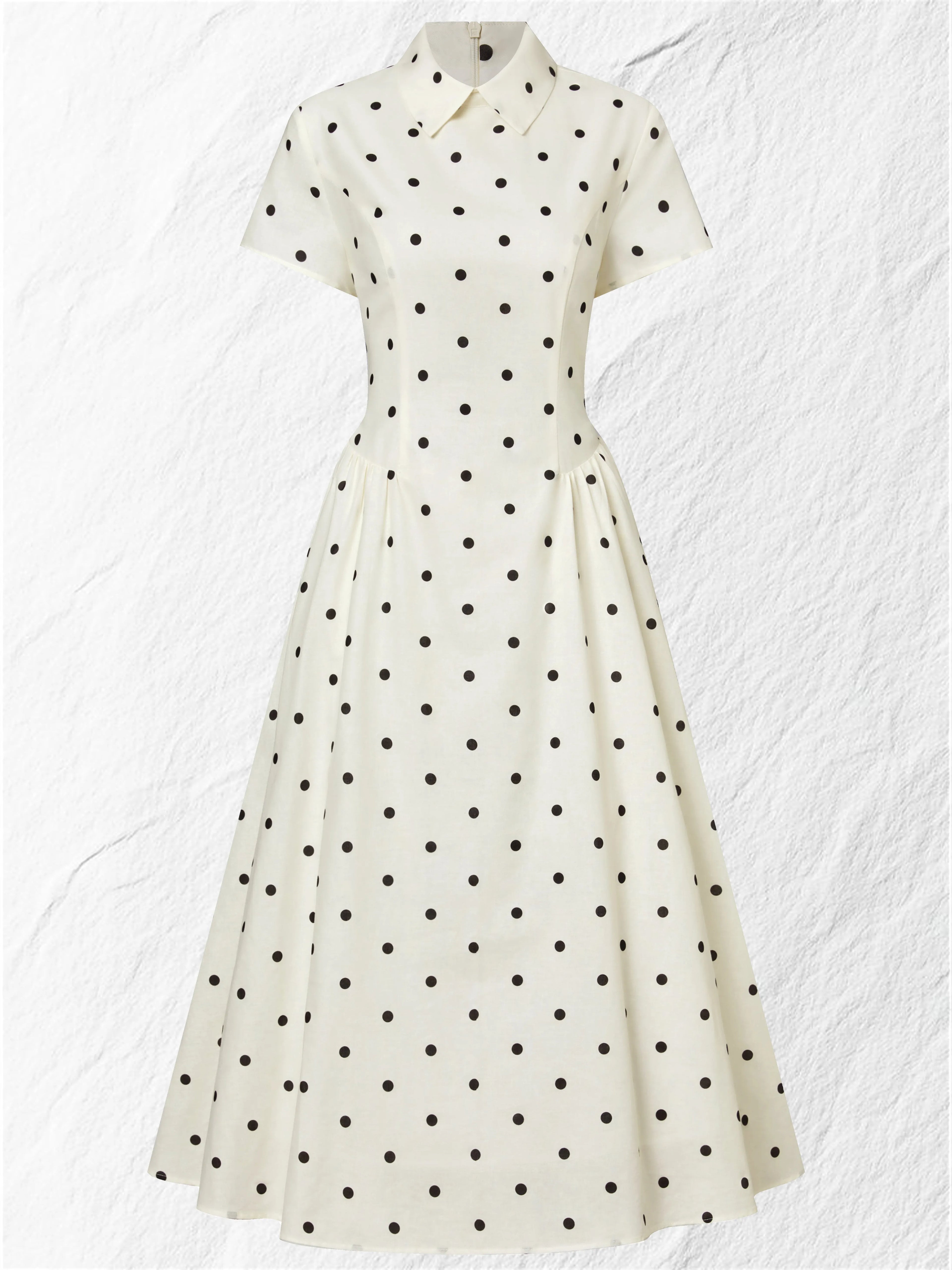 Maxi Linen Dress, Short Sleeves, Shawl Collar, Polka Dots, French Vintage, Off White
