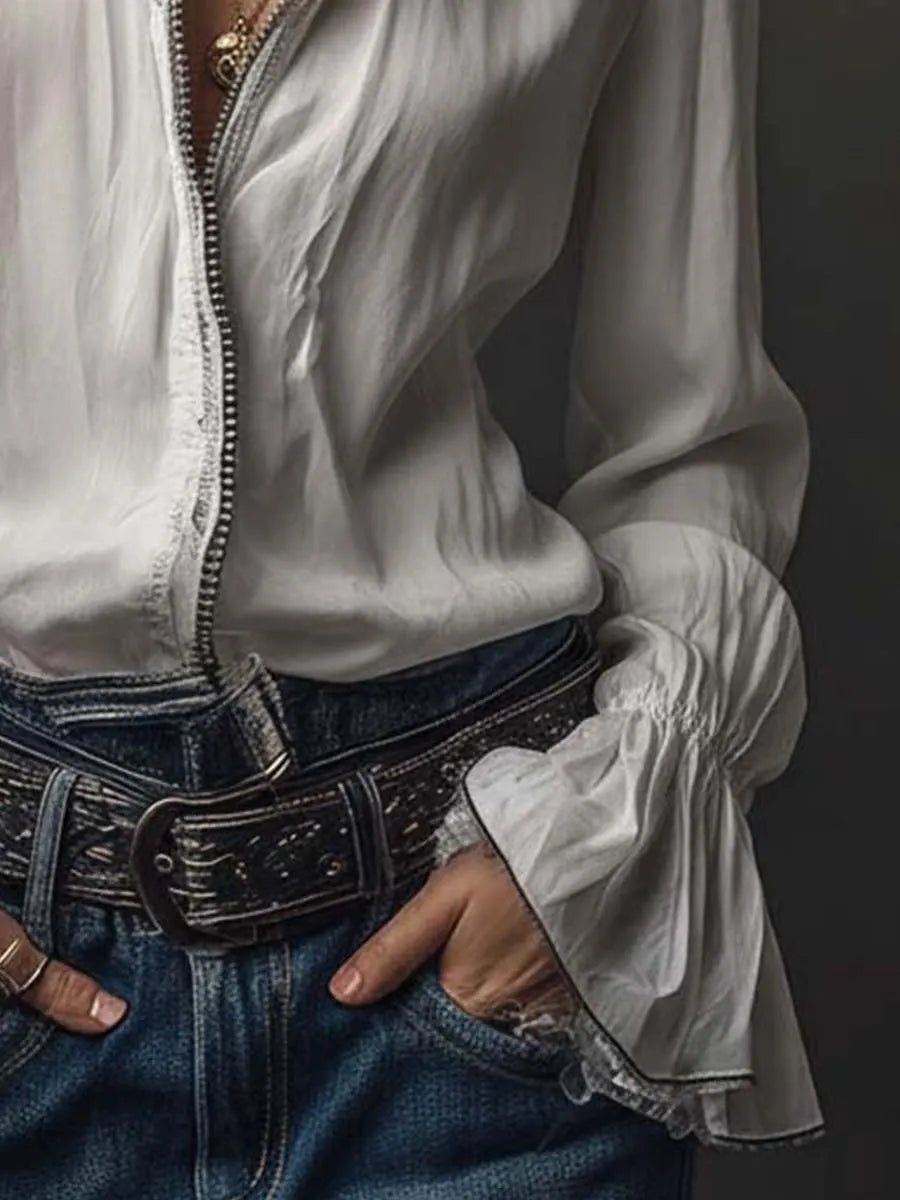 White Zip-Front Blouse With Flounce Cuffs