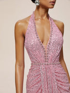 Pink Sequin Rhinestone Halter Sleeveless Sheath Maxi Dress