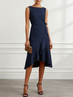 Navy Blue Asymmetric Ruffled Classic Boat Neck Sleeveless A-Line Midi Dress