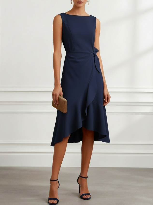 Navy Blue Asymmetric Ruffled Classic Boat Neck Sleeveless A-Line Midi Dress