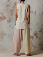 Linen Blend Sleeveless Vest & Two-Tone Striped Wide-Leg Pants Set