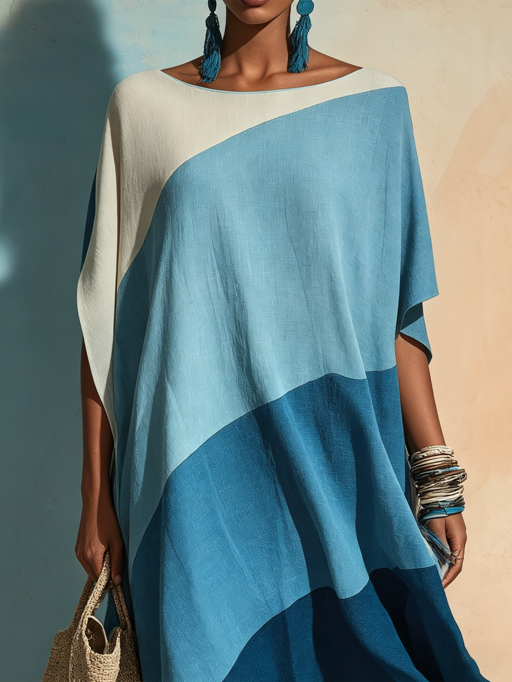 Color-Block Fringe Caftan Maxi Dress
