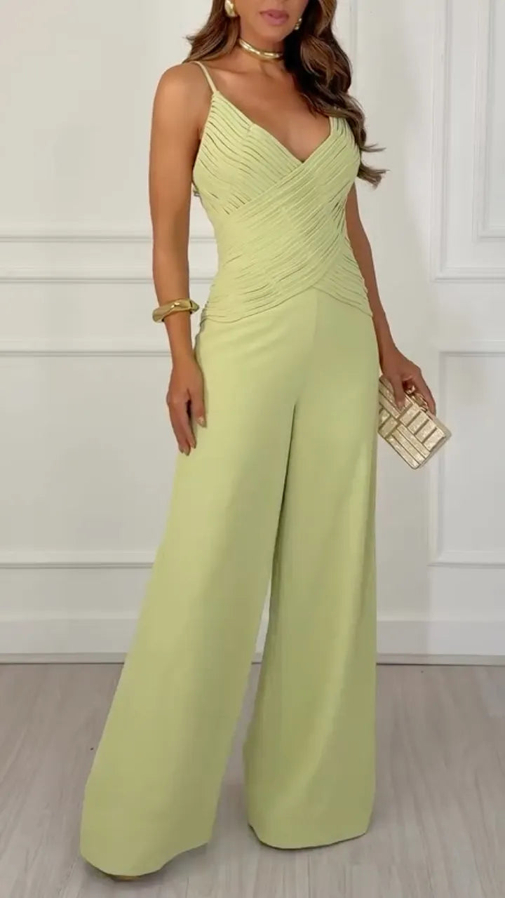 V Neck Ruched Bodice Wide Leg Jumpsuit