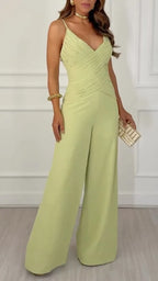 V Neck Ruched Bodice Wide Leg Jumpsuit