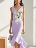 Elegant Lilac Sleeveless Mermaid Dress with Side Lily Print