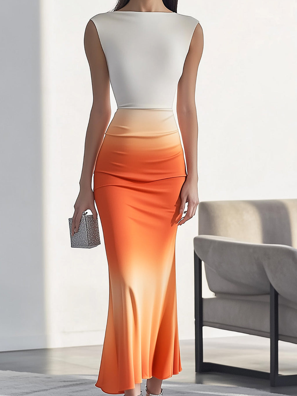 Gradient Orange Sleeveless Mermaid Satin Dress